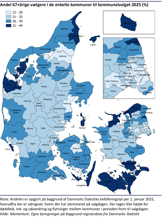Kommunalopdelt Danmarkskort der viser andelen af 67+årige i de enkelte kommuner