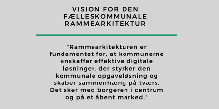 Vision for den fælleskommunale rammearkitektur "Rammearkitekturen er fundamentet for, at kommunerne anskaffer effektive digitale løsninger, der styrker den kommunale opgaveløsning og skaber sammenhæng på tværs. Det sker med borgeren i centrum og på et åbent marked."
