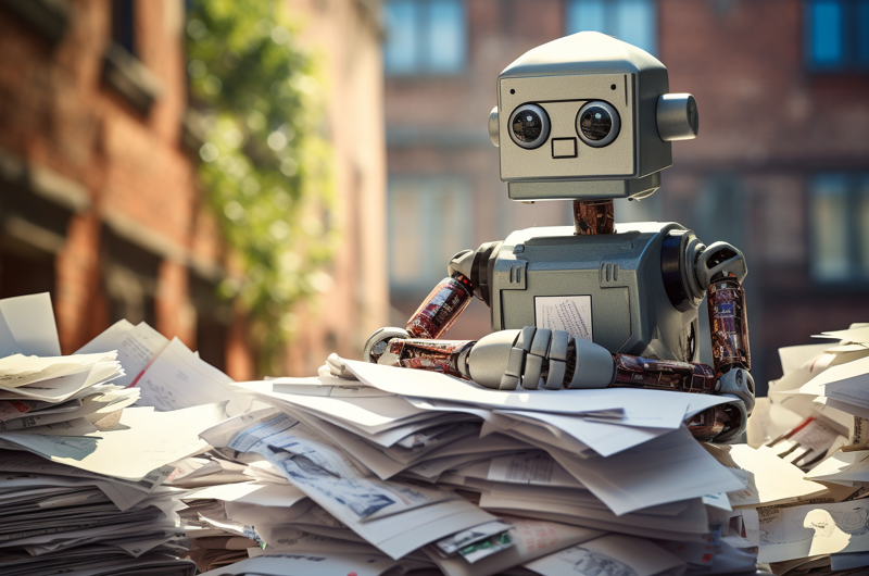 Robot med et rod af papirbunker foran sig