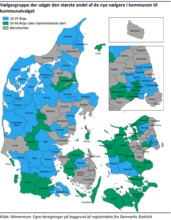 Danmarkskort der viser, hvilken vælgergruppe der er størst i de enkelte kommuner