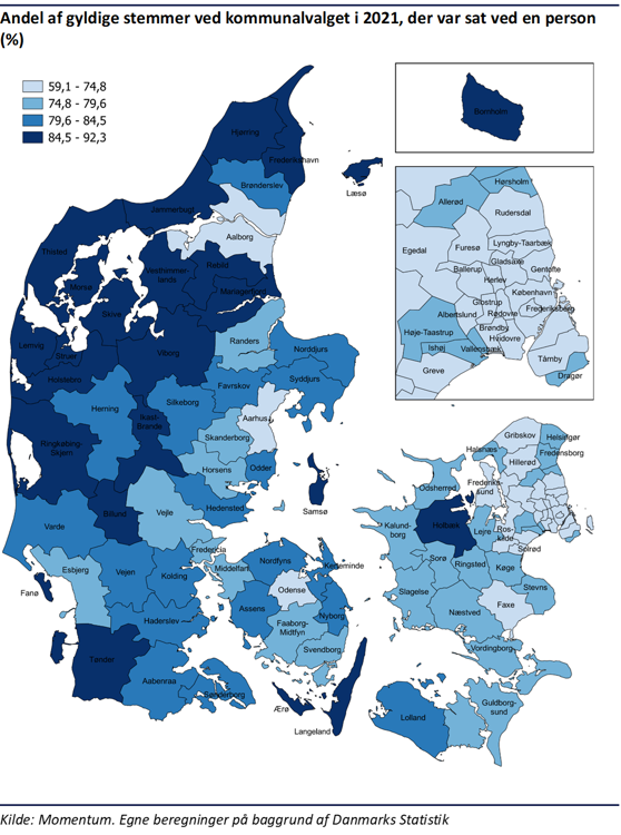 Danmarkskort over andelen af personlige stemmer afgivet i kommunen ved kommunalvalget i 2021