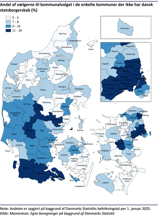 Kommunalopdelt Danmarkskort der viser andelen af vælgerne til kommunalvalget i de enkelte kommuner der ikke har dansk statsborgerskab