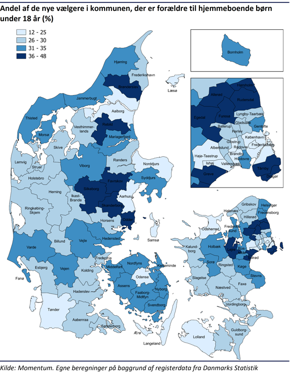 Danmarkskort der viser andelen af nye vælgere i kommunen, der er forældre til hjemmeboende børn